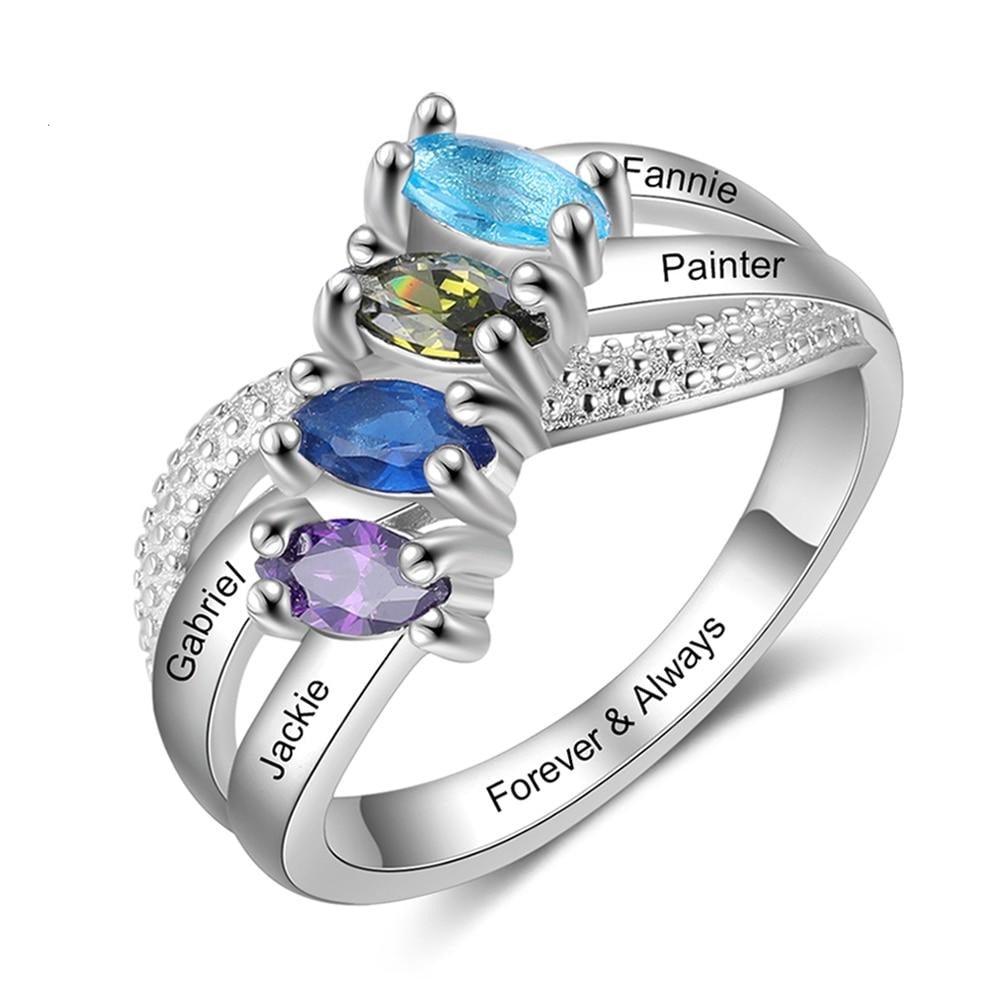 Personalized Solid Family Ring With 4 Birthstones, Custom 4 Name And 1 Inner Engraving Option With The Ring - Personalized Jewel