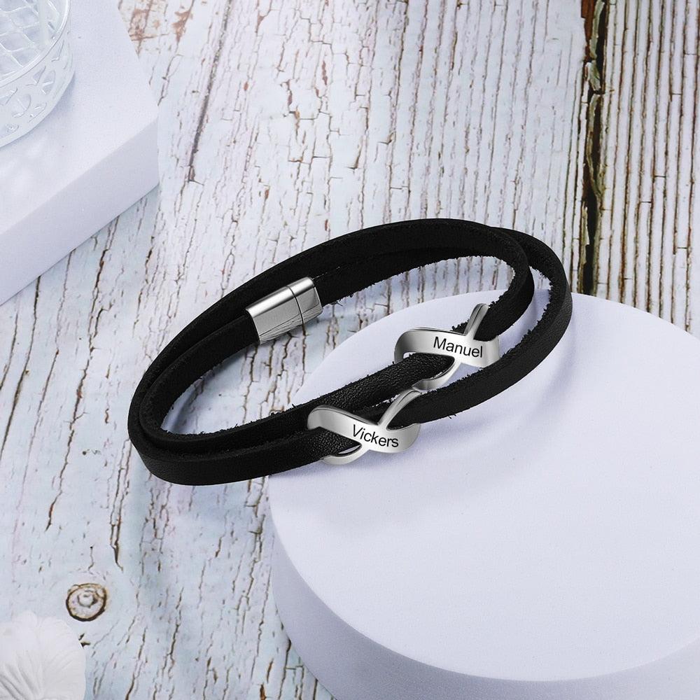 Personalized Stainless Steel Black Leather Engraved Name Double Infinity Bracelet Gift For Fathers - Personalized Jewel