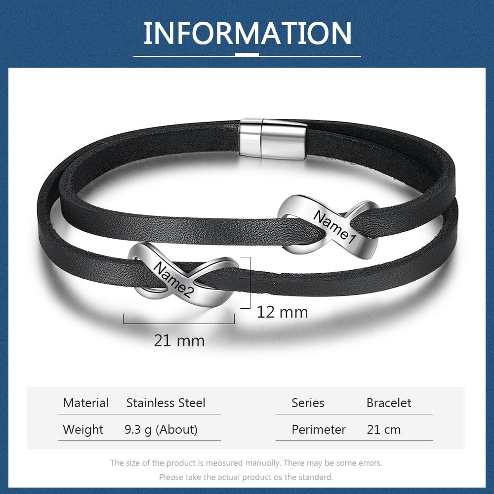 Personalized Stainless Steel Black Leather Engraved Name Double Infinity Bracelet Gift For Fathers - Personalized Jewel