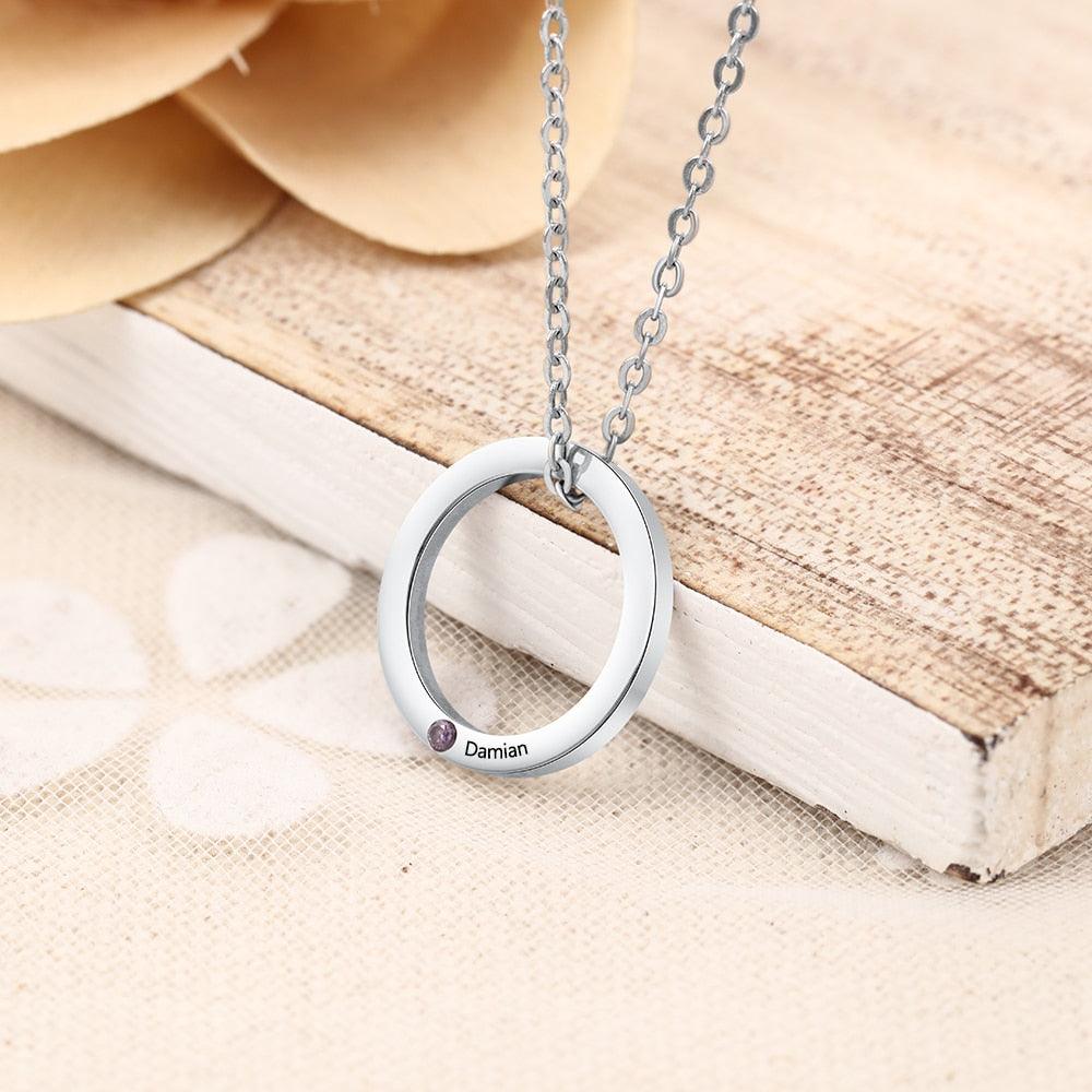 Personalized Stainless Steel Circle Pendant Necklace with Name Engraved & Custom Birthstone, Gift Jewelry for Women - Personalized Jewel