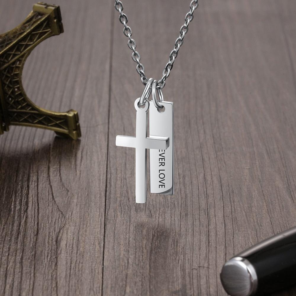 Personalized Stainless Steel Customized Cross And Name Engraved Vertical Bar Pendant Necklace, Trendy Jewelry Gift - Personalized Jewel