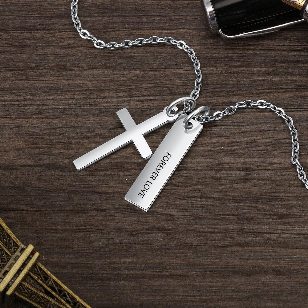 Personalized Stainless Steel Customized Cross And Name Engraved Vertical Bar Pendant Necklace, Trendy Jewelry Gift - Personalized Jewel