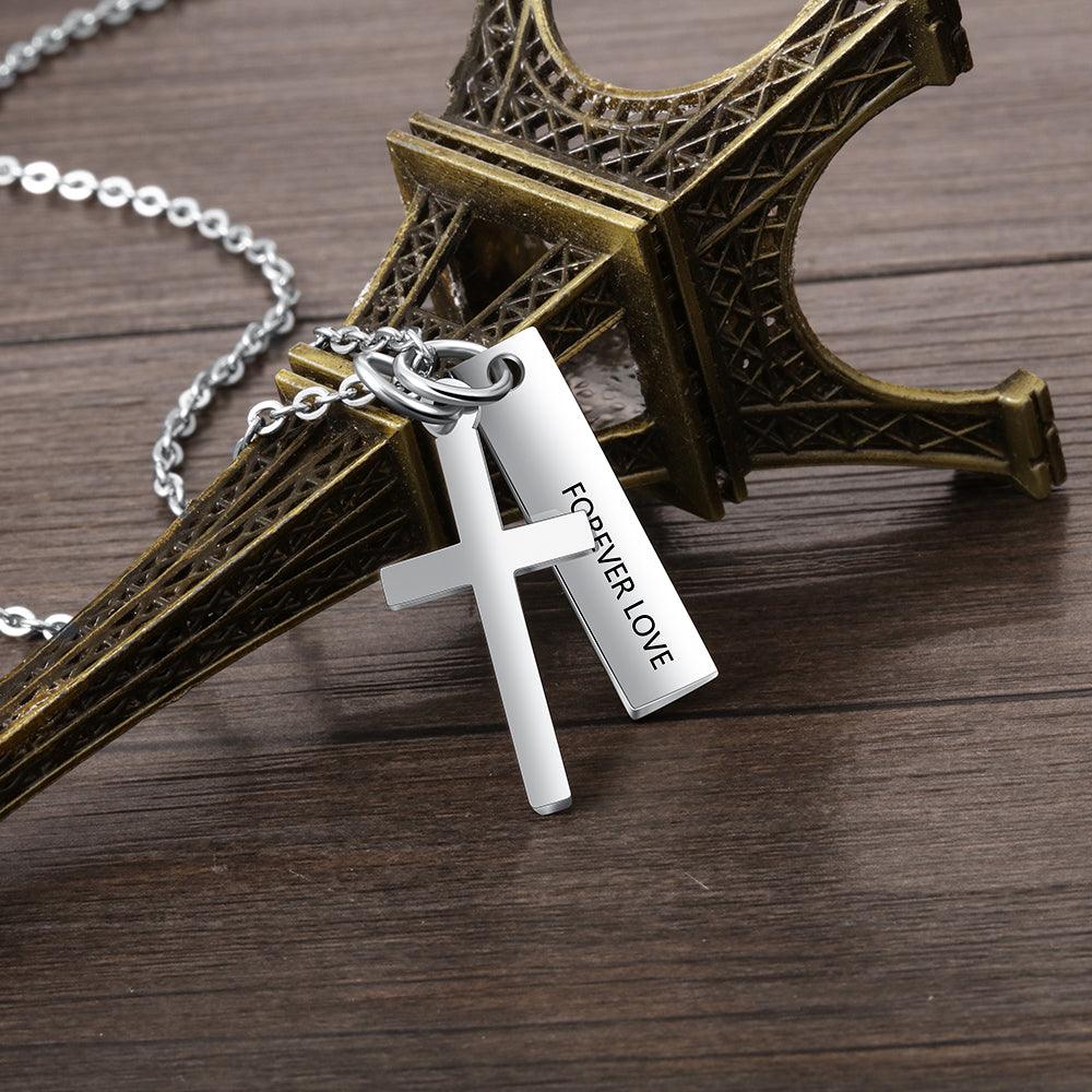 Personalized Stainless Steel Customized Cross And Name Engraved Vertical Bar Pendant Necklace, Trendy Jewelry Gift - Personalized Jewel