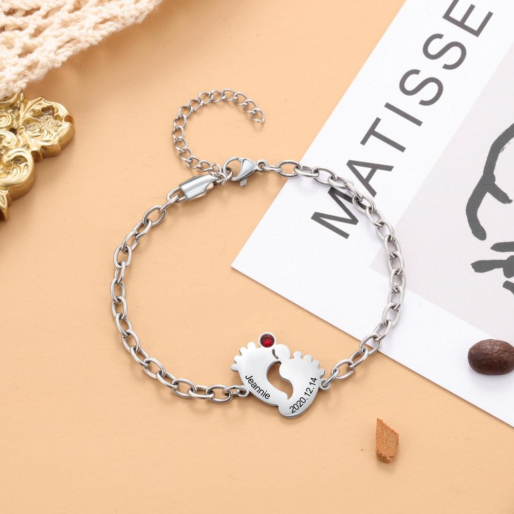 Personalized Stainless Steel Engraving Name & Date Baby Feet Charm Birthstone Bracelet Gifts for Mother - The Perfect New Mom Gift, or Baby Gift - Trendy Customizing Bracelet for Women - Personalized Jewel