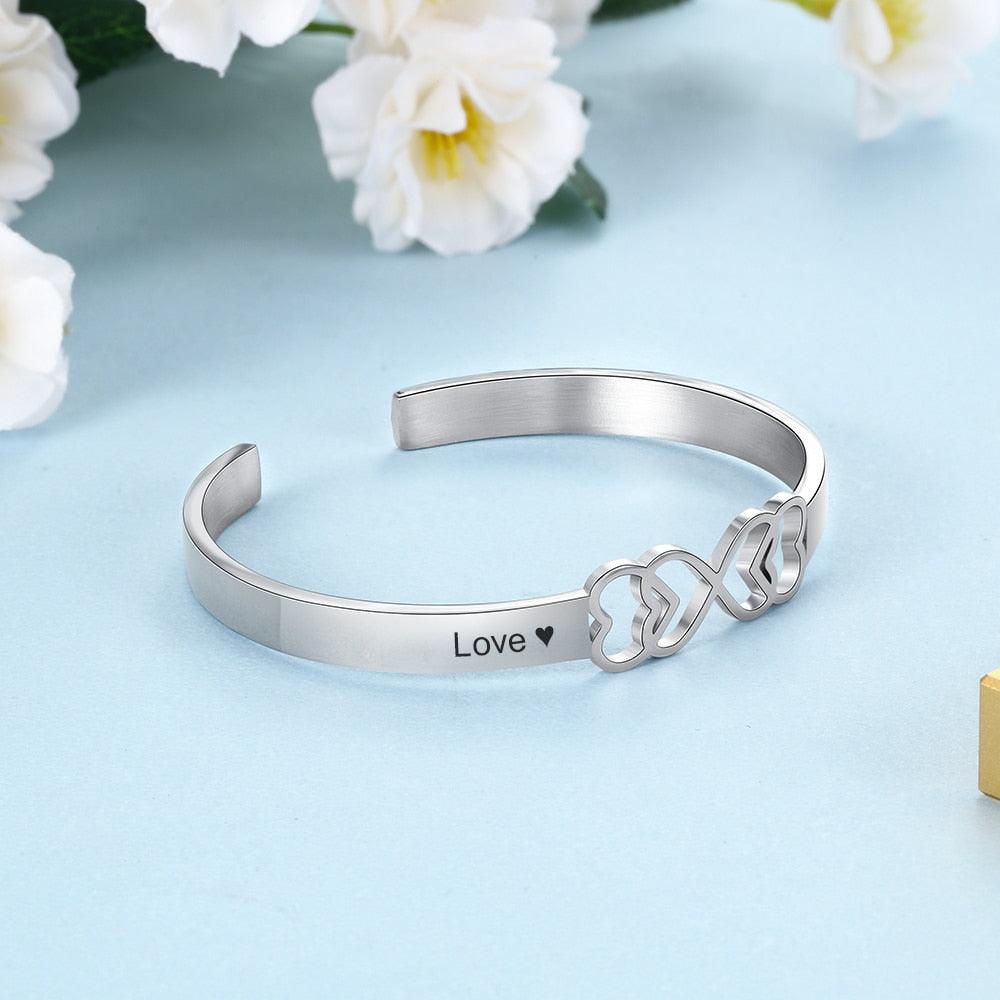 Personalized Stainless Steel Heart Cuff Bangle Bracelets with Engraved Name, Customized Bangle for Women - Personalized Jewel