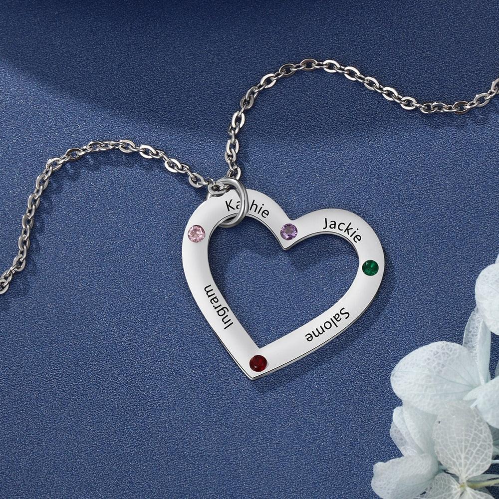 Personalized Stainless Steel Heart Pendant Necklace, Custom Engrave 4 Names & Birthstone Pendant, Gift For Family - Personalized Jewel