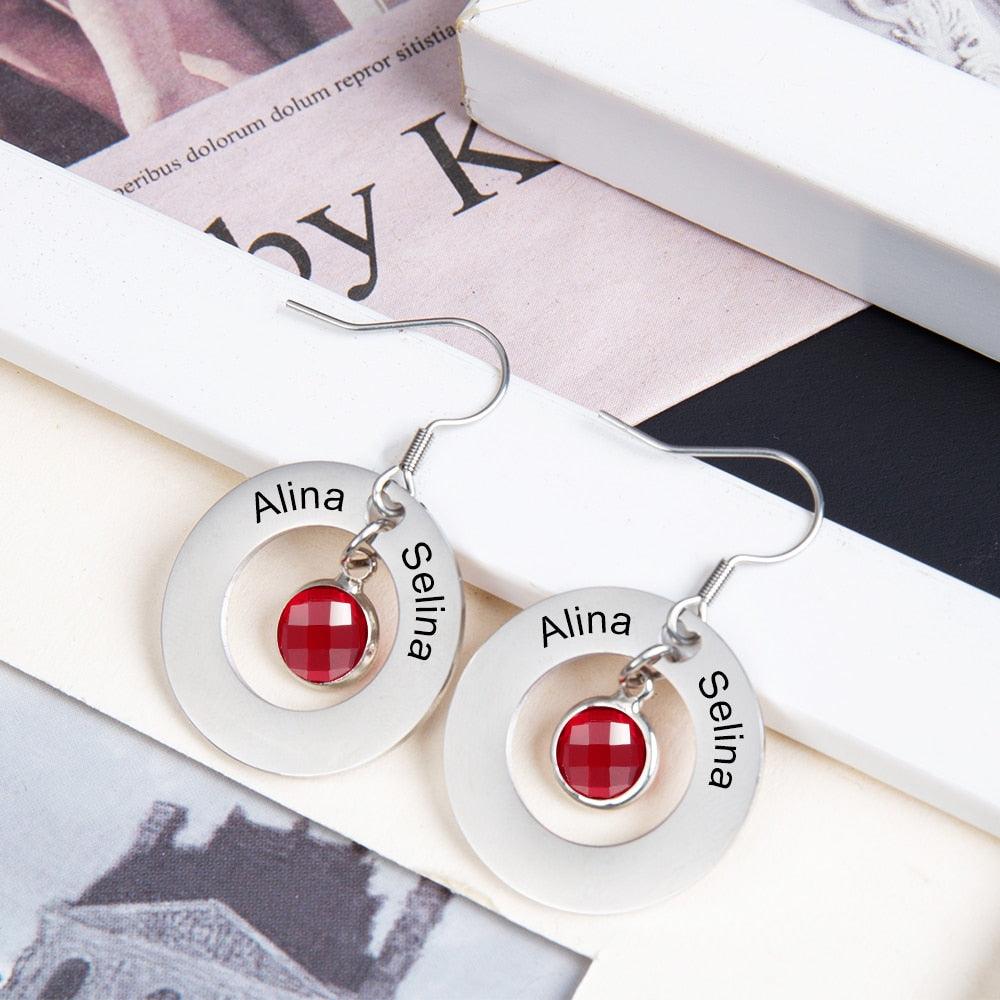 Personalized Stainless Steel Jewelry- Circle Earrings With Birthstones Jewelry- Dangle Drop Earrings For Women- Customized Jewelry For Women - Personalized Jewel