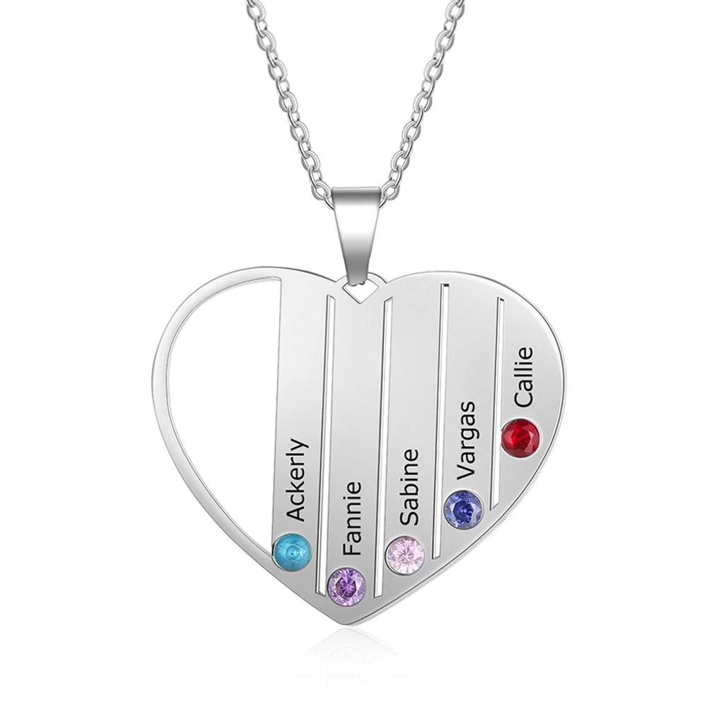 Personalized Stainless Steel Jewelry - Heart-Shaped Pendant - Engrave Five Custom Names & Add Birthstones - Three Metal Color - Customized Gifts - Personalized Jewel