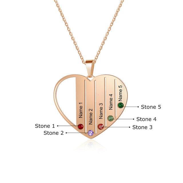 Personalized Stainless Steel Jewelry - Heart-Shaped Pendant - Engrave Five Custom Names & Add Birthstones - Three Metal Color - Customized Gifts - Personalized Jewel