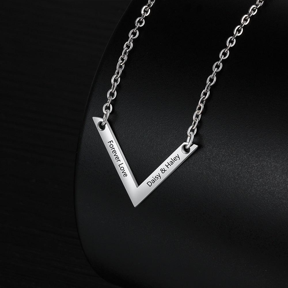 Personalized Stainless Steel Jewelry Necklace with V-shaped Engrave Name Pendant, Gift for Women - Personalized Jewel