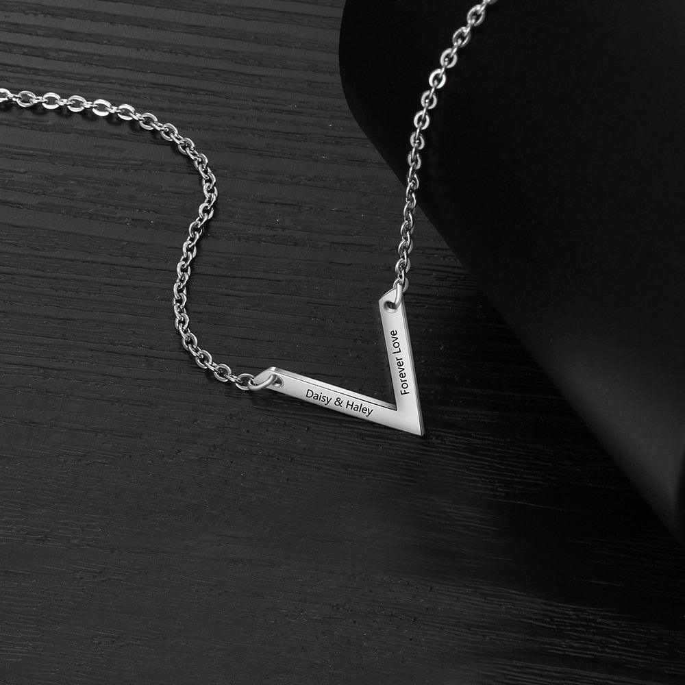 Personalized Stainless Steel Jewelry Necklace with V-shaped Engrave Name Pendant, Gift for Women - Personalized Jewel