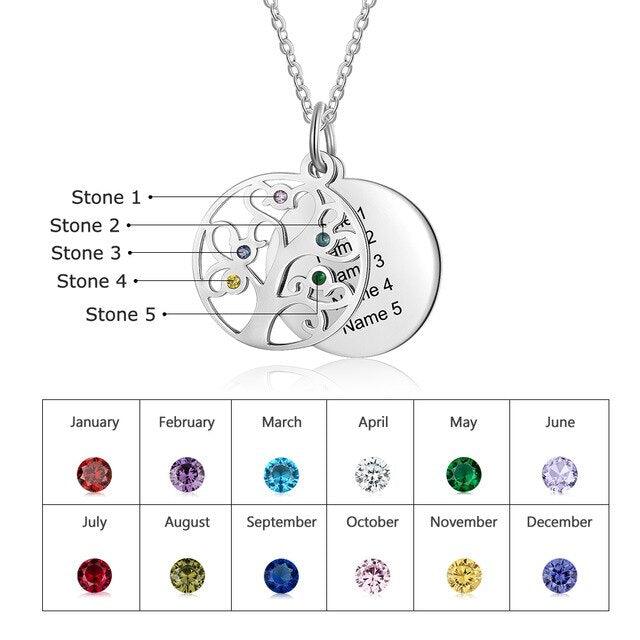 Personalized Stainless Steel Necklace - Engraved Five Custom Names & Birthstones - Family Tree Pendant - Personalized Jewel