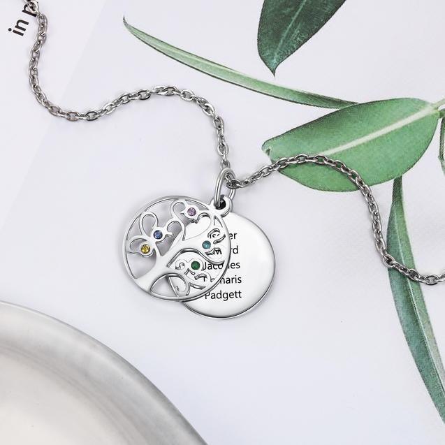 Personalized Stainless Steel Necklace - Engraved Five Custom Names & Birthstones - Family Tree Pendant - Personalized Jewel