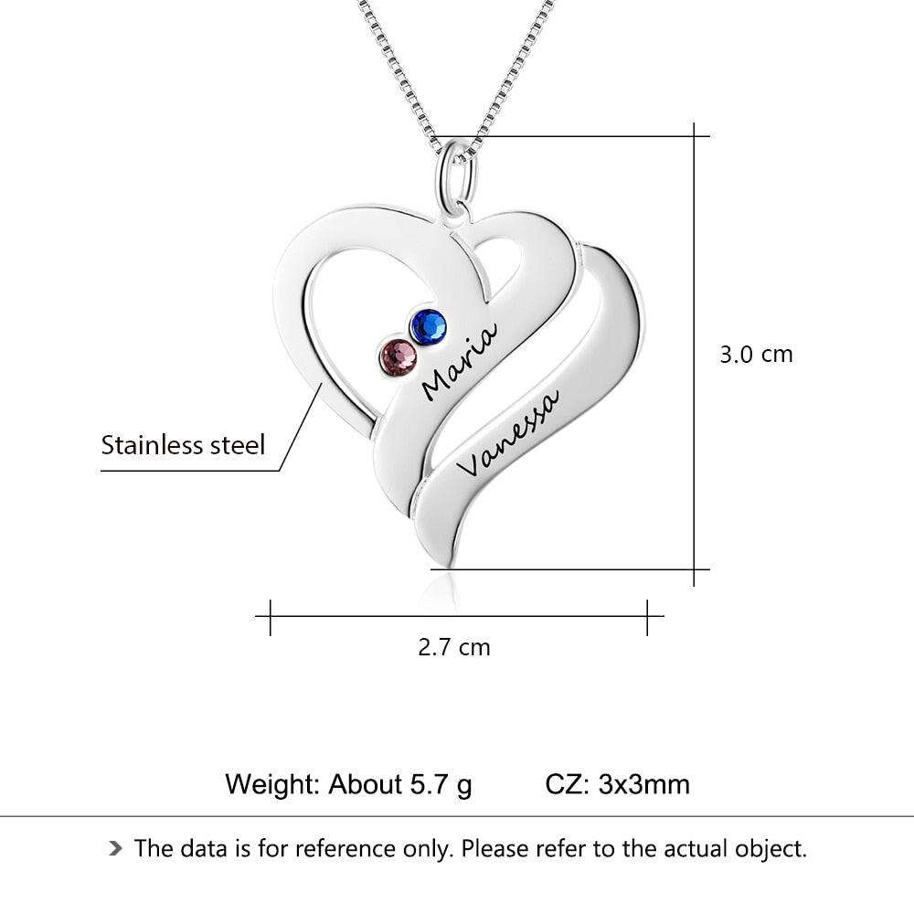 Personalized Stainless Steel Necklace - Heart Shaped Pendant - Two Custom Names & Birthstones - Customized Gifts - Personalized Jewel