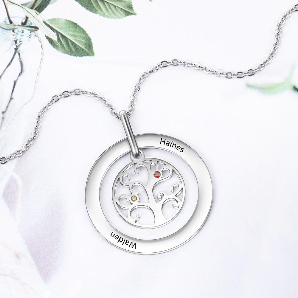 Personalized Stainless Steel Necklace with Customized 2 Birthstone Tree of Life Pendant, Gift for Mother - Personalized Jewel