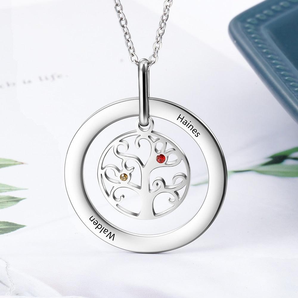 Personalized Stainless Steel Necklace with Customized 2 Birthstone Tree of Life Pendant, Gift for Mother - Personalized Jewel