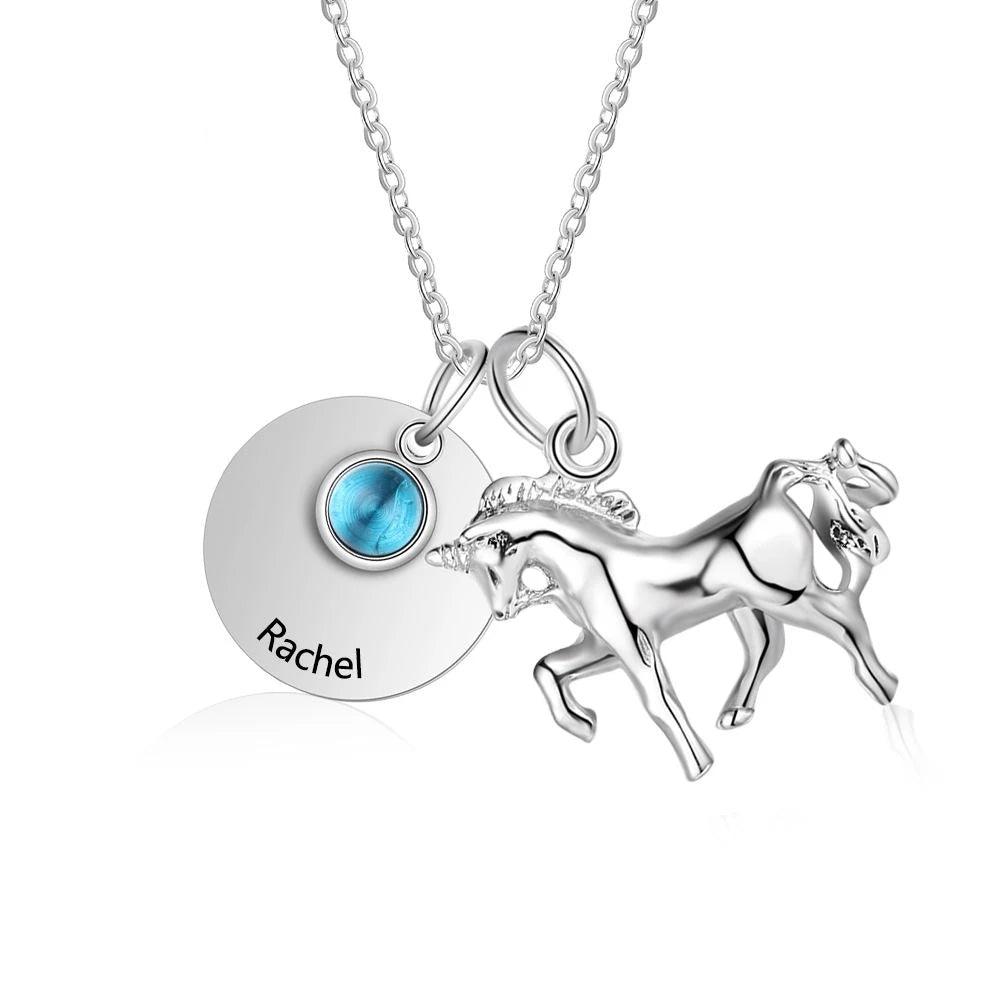 Personalized Stainless Steel Pendant Necklace - One Engraved Custom Name - One Custom Birthstone - Round Metal & Horse Pendant - Gift for Women - Personalized Jewel