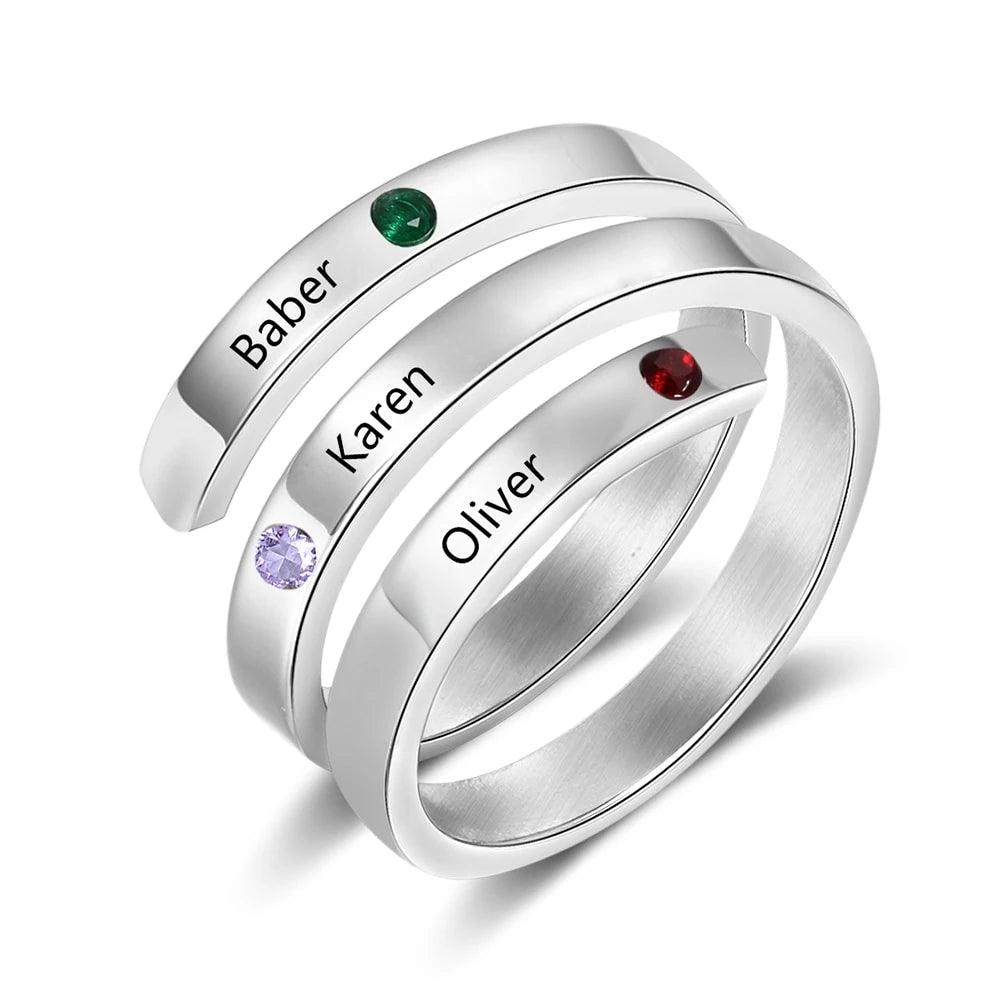 Personalized Stainless Steel Rings for Women - Four Custom Names - Four Custom Birthstones - Personalized Jewel