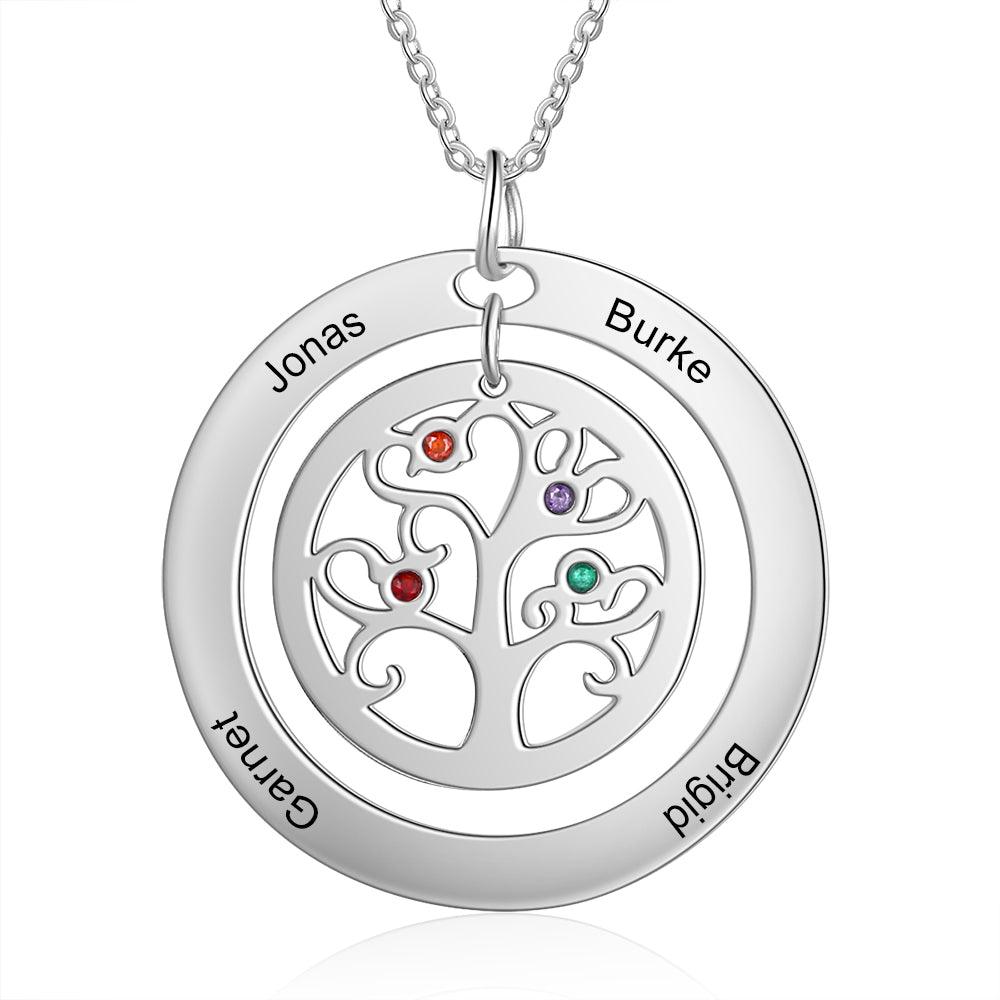 Personalized Stainless Steel Tree Of Life 4 Names & Birthstones Engraved Pendant Necklace, Fashion Jewelry Gift for Women - Personalized Jewel