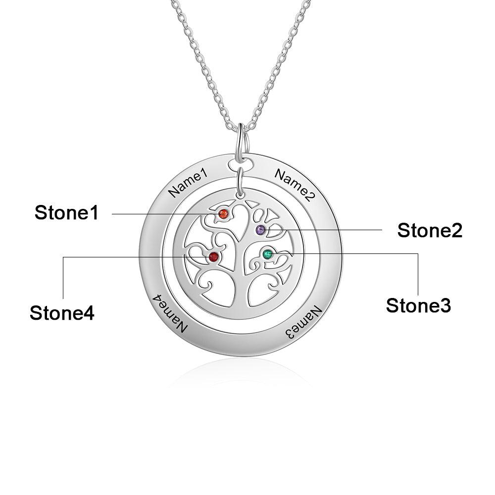 Personalized Stainless Steel Tree Of Life 4 Names & Birthstones Engraved Pendant Necklace, Fashion Jewelry Gift for Women - Personalized Jewel