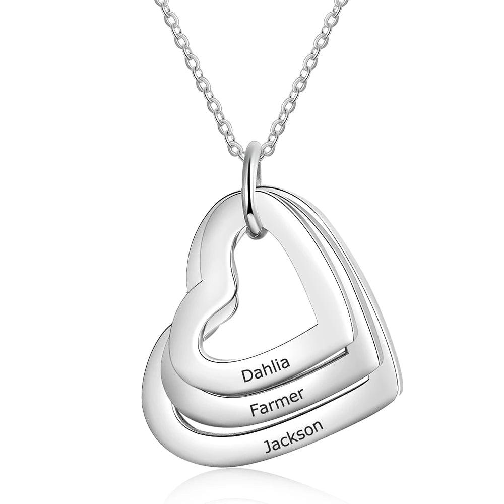 Personalized Stainless Steel Triple Heart 3 Names Engraved Necklace, Fashion Jewelry Gift for Women - Personalized Jewel