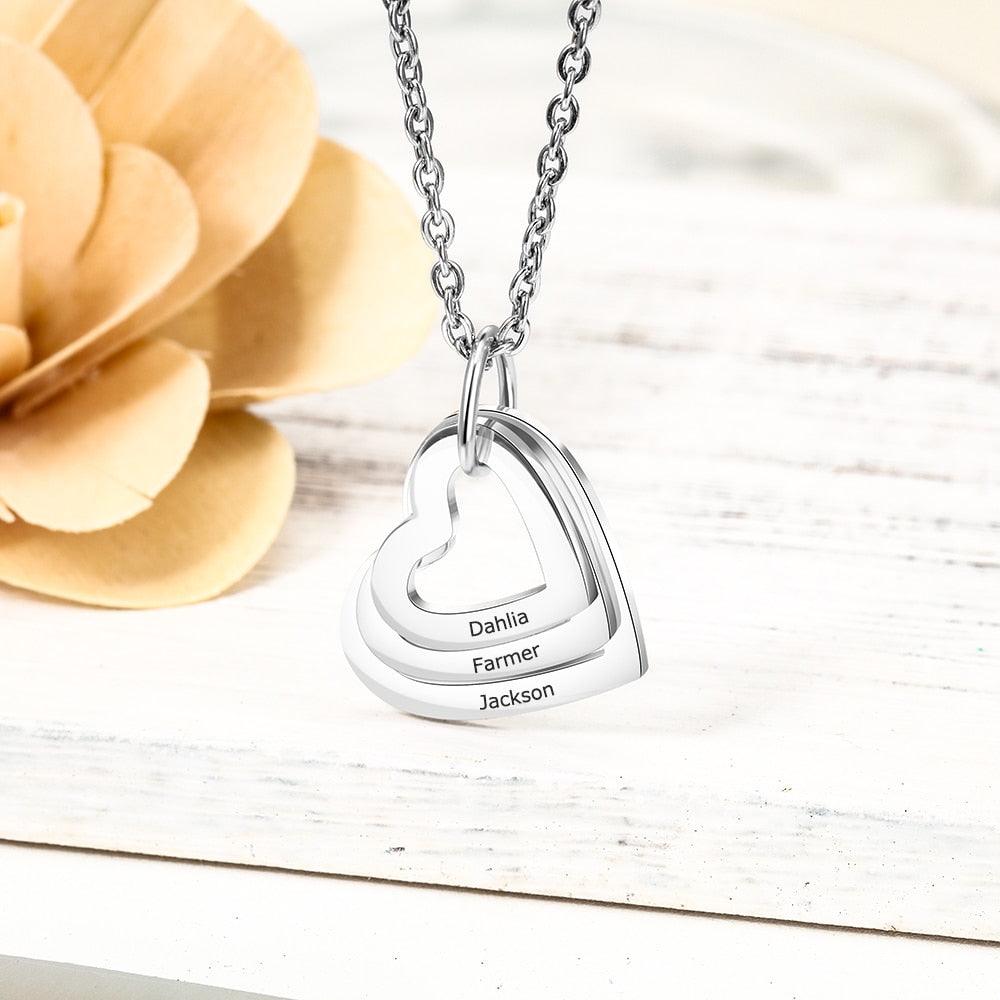 Personalized Stainless Steel Triple Heart 3 Names Engraved Necklace, Fashion Jewelry Gift for Women - Personalized Jewel