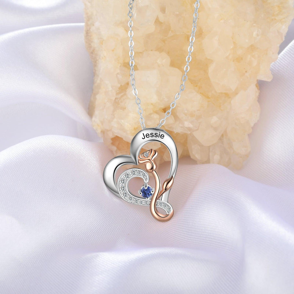 Personalized Sterling Rose Necklace - 1 Custom Name 1 Birthstone - Personalized Jewel
