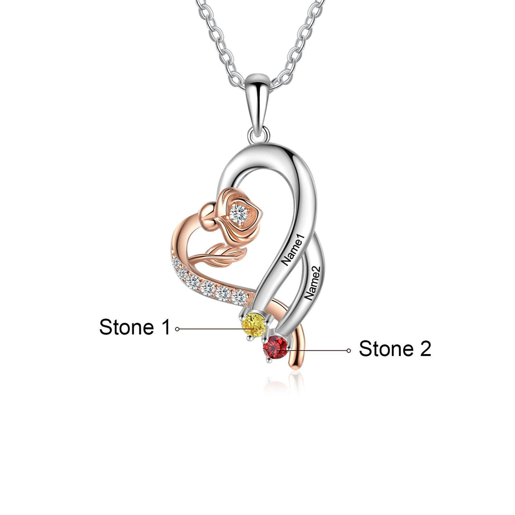 Personalized Sterling Rose Necklace - 1 Custom Name 2 Birthstones - Personalized Jewel