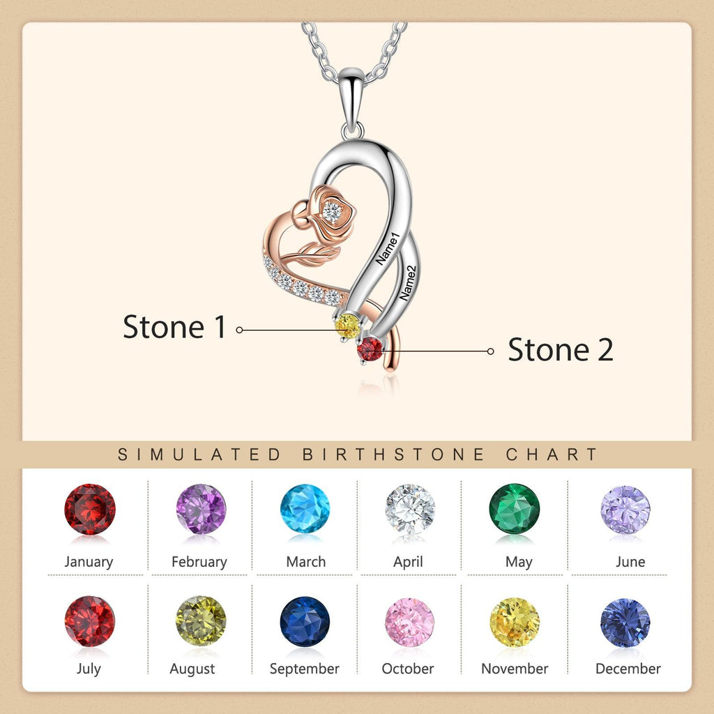 Personalized Sterling Rose Necklace - 1 Custom Name 2 Birthstones - Personalized Jewel