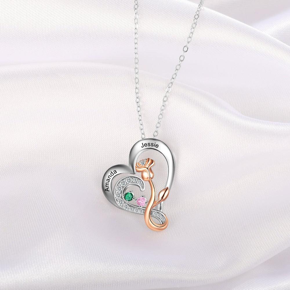 Personalized Sterling Rose Necklace - 2 Custom Names 2 Birthstones - Personalized Jewel