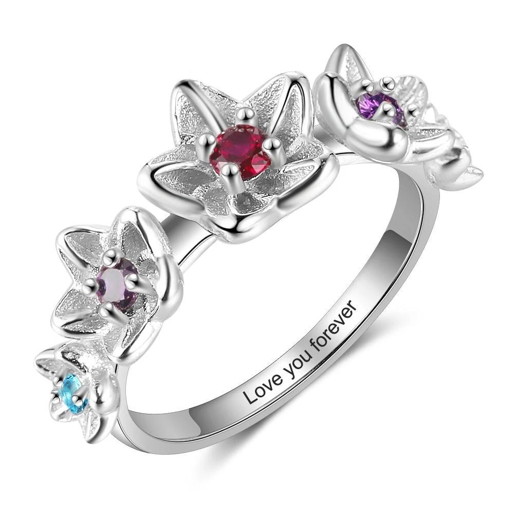 Personalized Sterling Silver Flower Ring for Women- Custom 4 Birthstone and Inner Engraving Ring for Lover - Personalized Jewel