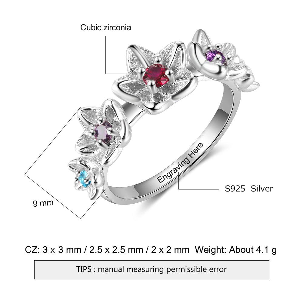 Personalized Sterling Silver Flower Ring for Women- Custom 4 Birthstone and Inner Engraving Ring for Lover - Personalized Jewel