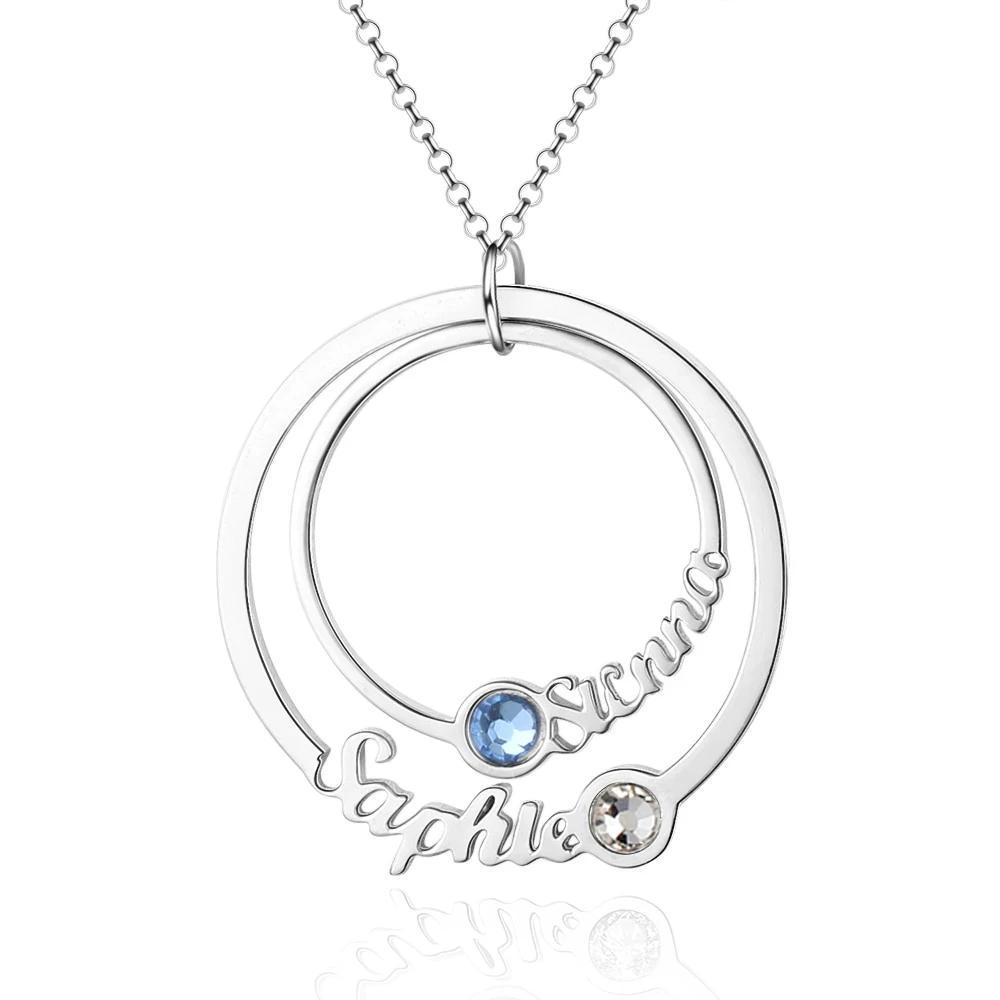Personalized Sterling Silver Necklace - Two Custom Names & Birthstones - Double Circle Pendant Necklace - Personalized Jewel