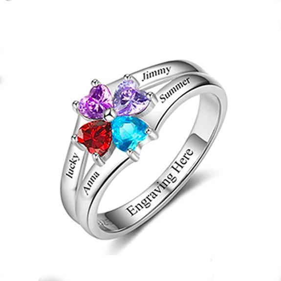 Personalized Sterling Silver Ring for Women - Personalized 4 Birthstones and 4 Name Engraving Ring for Mother - Personalized Jewel