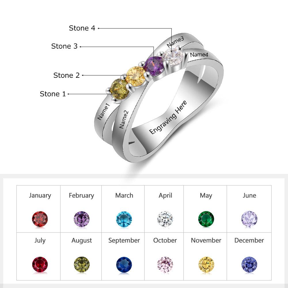 Personalized Sterling Silver Ring - Four Custom Birthstones Four Custome Names - Personalized Jewel