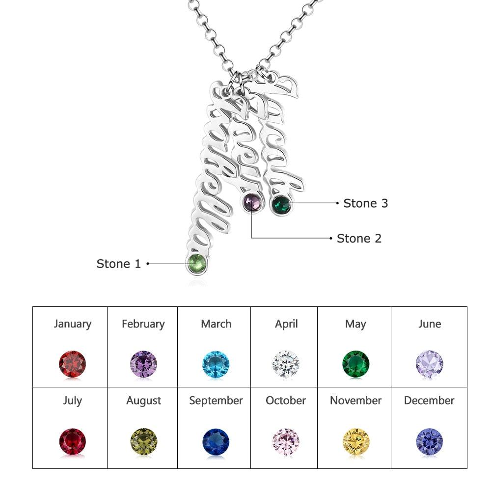 Personalized Sterling Silver Vertical Nameplate Necklace, Customizable 3 Birthstone Pendant, Classic Gift for Mom - Personalized Jewel