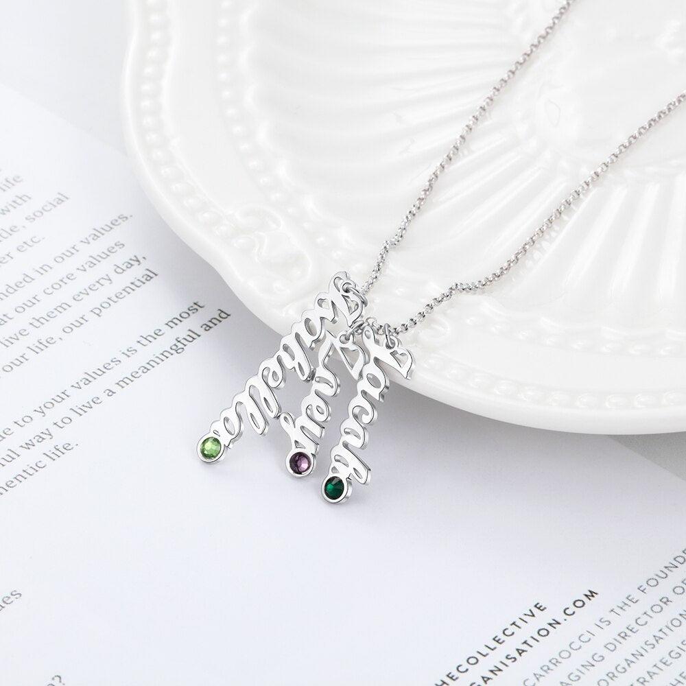 Personalized Sterling Silver Vertical Nameplate Necklace, Customizable 3 Birthstone Pendant, Classic Gift for Mom - Personalized Jewel