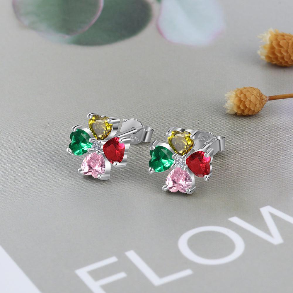 Personalized Stud Flower Earrings for Women with Customized 4 Heart Birthstones - Personalized Jewel