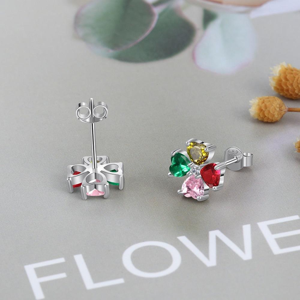 Personalized Stud Flower Earrings for Women with Customized 4 Heart Birthstones - Personalized Jewel