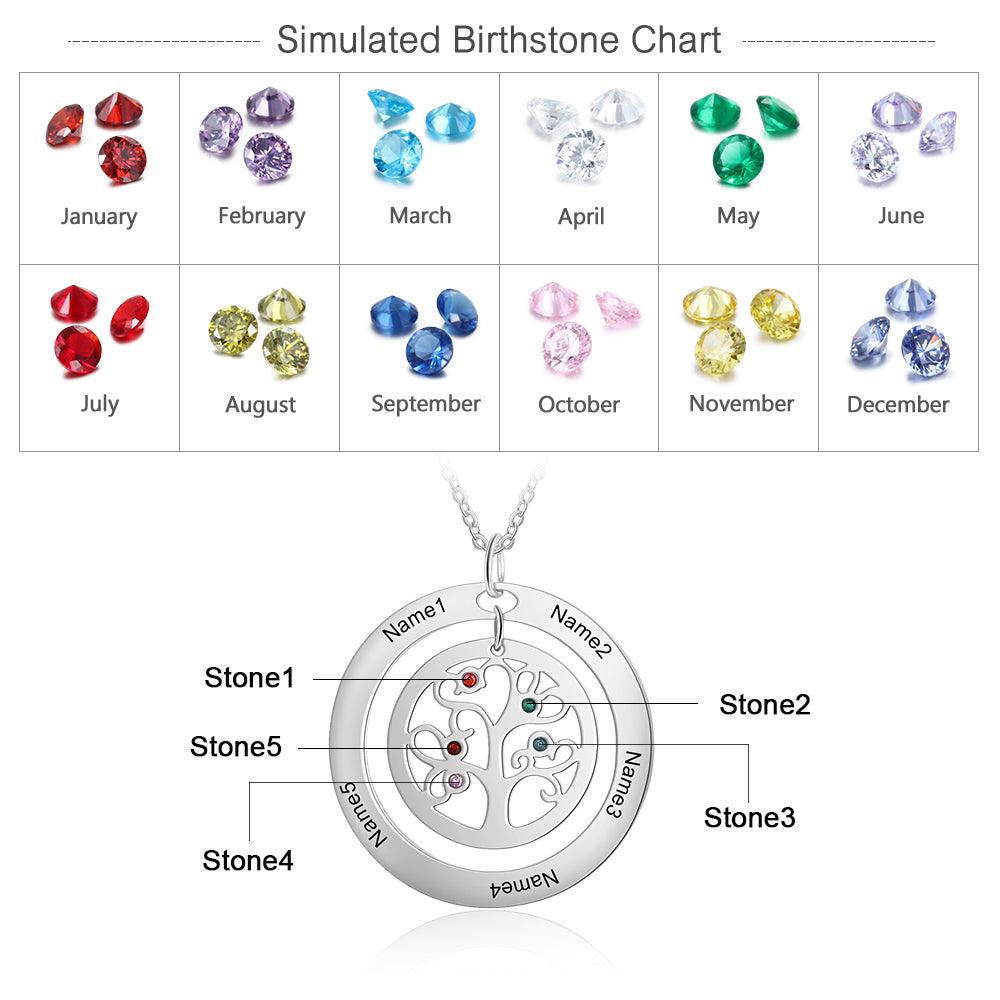 Personalized Tree of Life Necklace - Stainless Steel - Five Custom Names - Five Custom Birthstones - Customized Gifts - Personalized Jewel