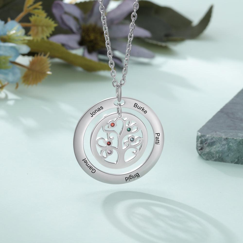 Personalized Tree of Life Necklace - Stainless Steel - Five Custom Names - Five Custom Birthstones - Customized Gifts - Personalized Jewel