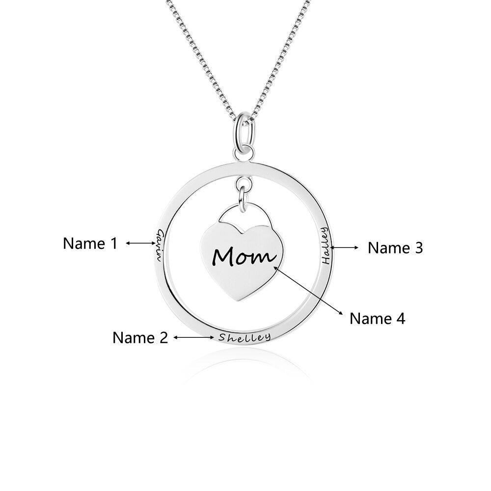 Personalized Women’s 925 Sterling Silver Name Engraved Necklace with Heart Designed Dangling Round Pendant, Trendy Jewelry Gift for Mom - Personalized Jewel