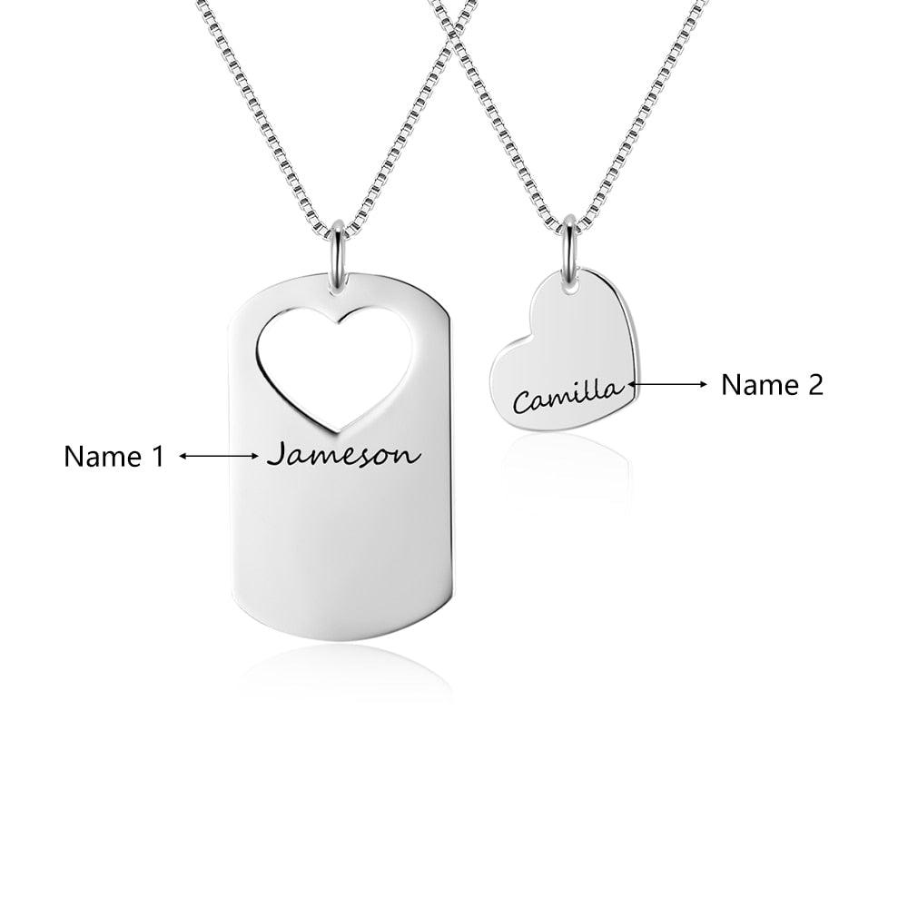 Personalized Women’s 925 Sterling Silver Name Necklace with 2 Pcs/Set Overlapping Heart Design Pendant, Trendy Love Jewelry for Couple - Personalized Jewel