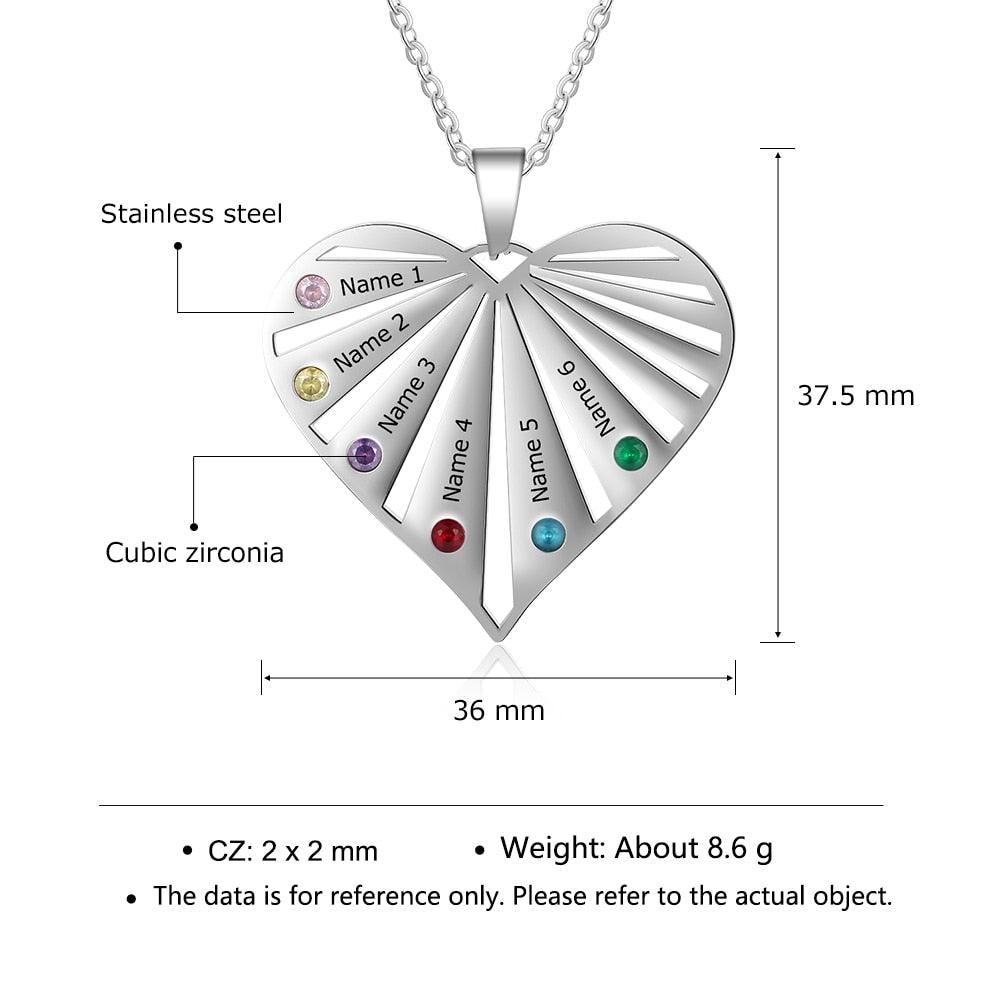 Personalized Women’s Stainless Steel Family Pendant Necklace with 6 Birthstones, Customized Heart Shaped Name Necklaces, Classic Jewelry Gift for Mom - Personalized Jewel