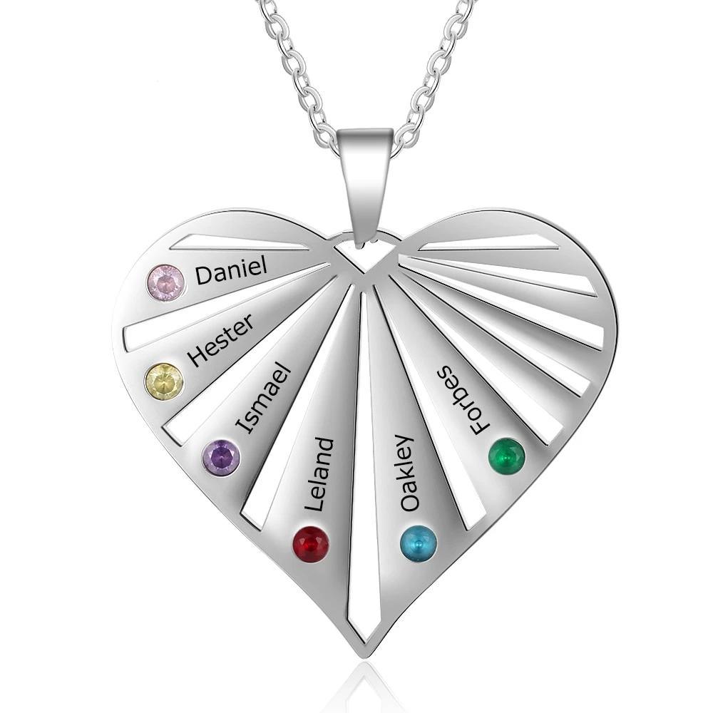 Personalized Women’s Stainless Steel Family Pendant Necklace with 6 Birthstones, Customized Heart Shaped Name Necklaces, Classic Jewelry Gift for Mom - Personalized Jewel
