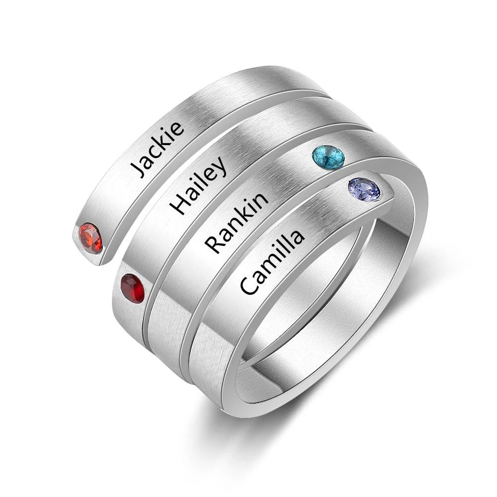 Personalized Women’s Stainless Steel Stackable Rings – Engrave Four Names – Four Custom Birthstones – Family Gift - Personalized Jewel