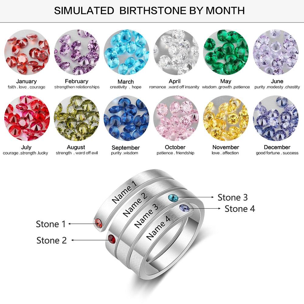 Personalized Women’s Stainless Steel Stackable Rings – Engrave Four Names – Four Custom Birthstones – Family Gift - Personalized Jewel