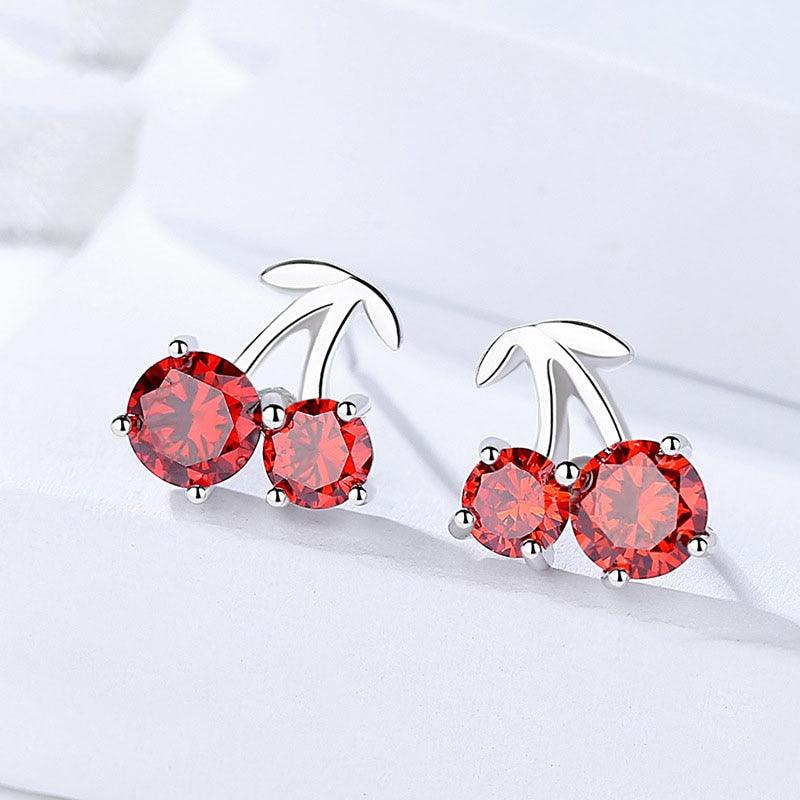 Romantic 925 Silver Red Cherry Stud Earrings for Women, Fashion Jewelry Anniversary Gift for Girls - Personalized Jewel