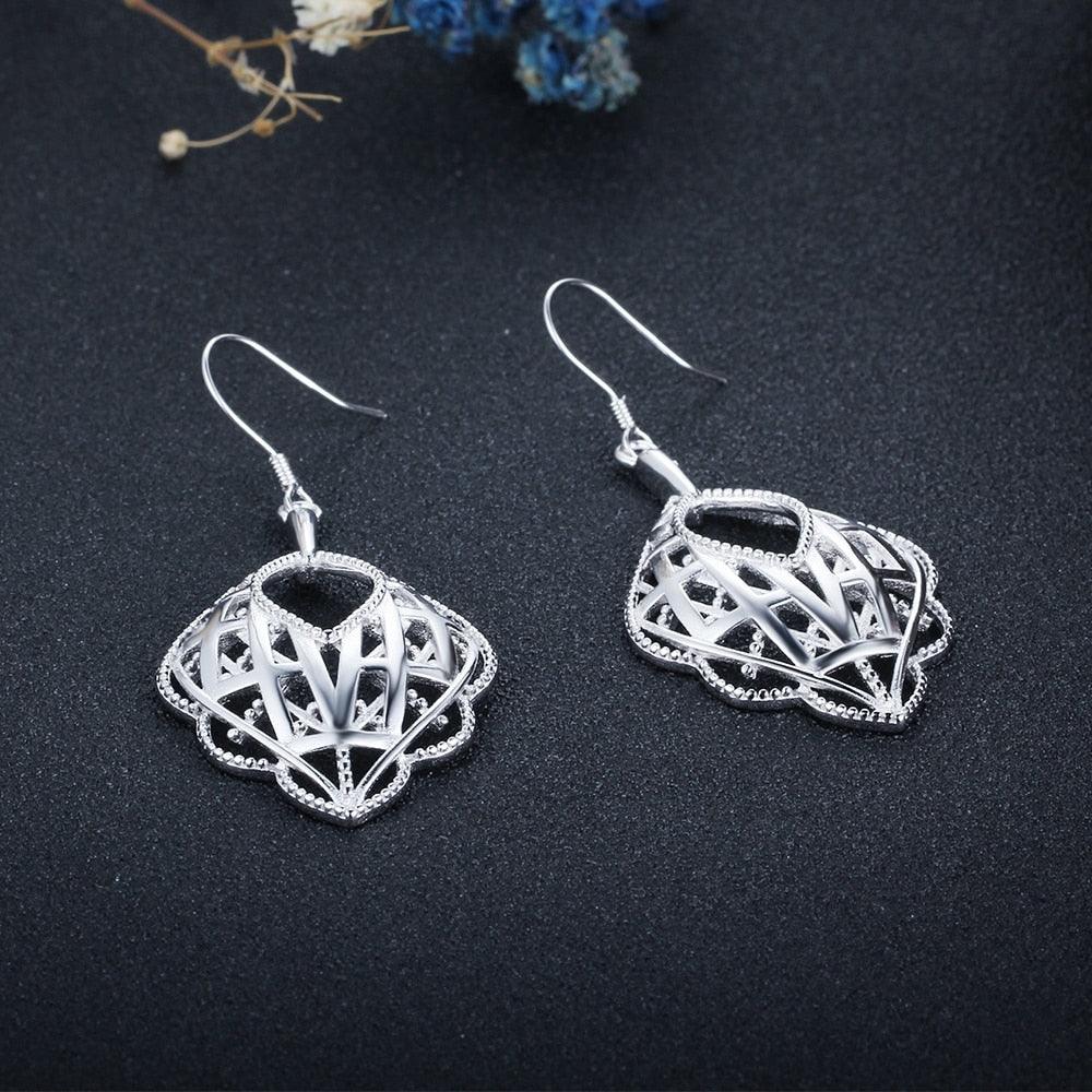 Romantic Style 925 Sterling Silver Geometric Pattern Hollow Drop Earrings, Party Jewelry Hook Ear Piece for Women - Personalized Jewel