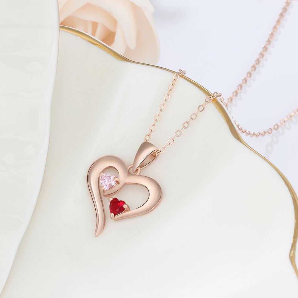Rose Gold 925 Sterling Silver Necklace - Heart Shaped With Two Birthstone and Two Name Engraving For Mother's Day - Personalized Jewel